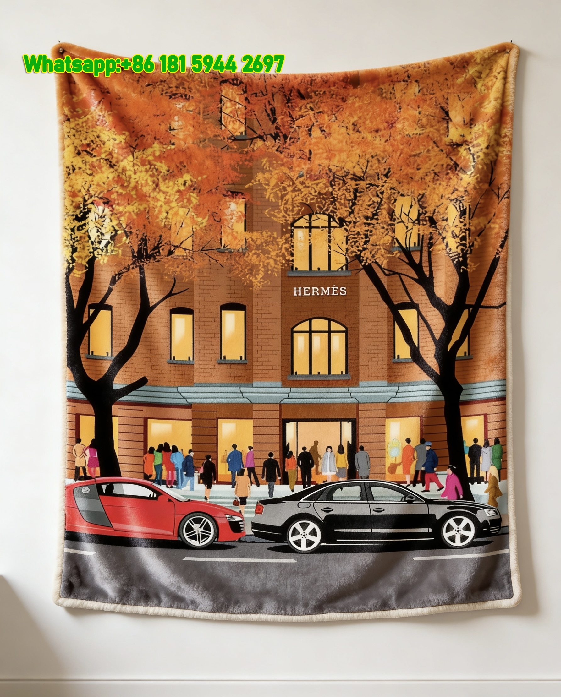 Hermès Autumn Street Scene Flannel Throw Blanket IMG_5384
